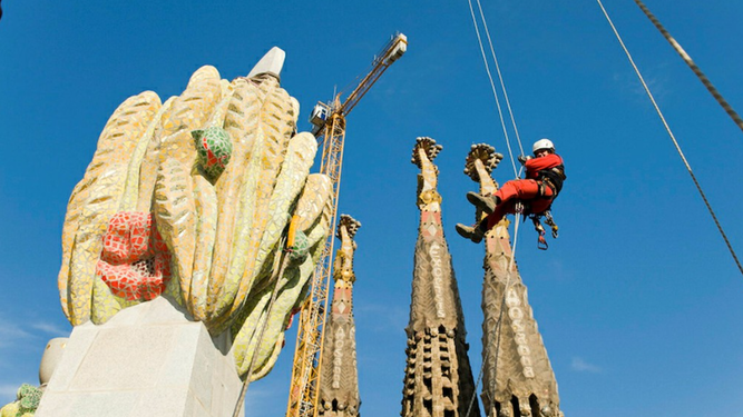 Un escalador realizando trabajos específicos en uno de los sectores de la basílica