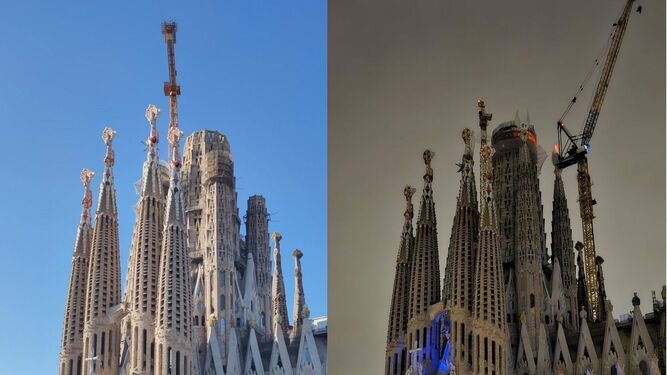 Una nueva grúa, mayor y más visible desde el exterior (a la derecha), ha cambiado la imagen del templo